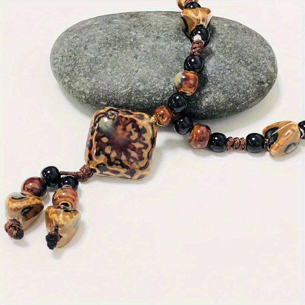 Tribal Long Necklace with Square Ceramic Beads on Synthetic Rope